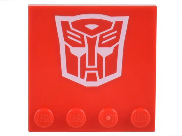 Red Tile, Modified 4 x 4 with Studs on Edge with White  Robot Mask Transformers Autobot Symbol Patte