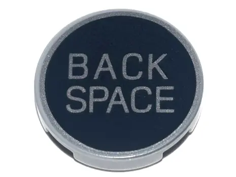Light Bluish Gray Tile, Round 2 x 2 with Bottom Stud Holder with Metallic Silver 'BACK SPACE' Patter