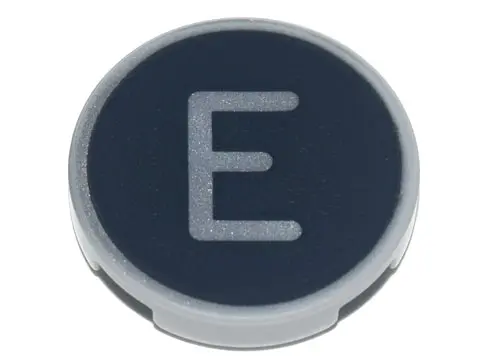 Light Bluish Gray Tile, Round 2 x 2 with Bottom Stud Holder with Silver Capital Letter E on Black Ba