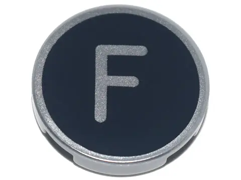 Light Bluish Gray Tile, Round 2 x 2 with Bottom Stud Holder with Silver Capital Letter F on Black Ba