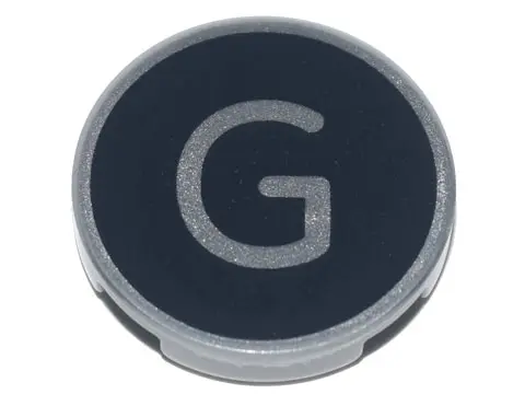 Light Bluish Gray Tile, Round 2 x 2 with Bottom Stud Holder with Silver Capital Letter G on Black Ba