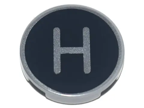 Light Bluish Gray Tile, Round 2 x 2 with Bottom Stud Holder with Silver Capital Letter H on Black Ba