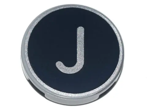 Light Bluish Gray Tile, Round 2 x 2 with Bottom Stud Holder with Silver Capital Letter J on Black Ba