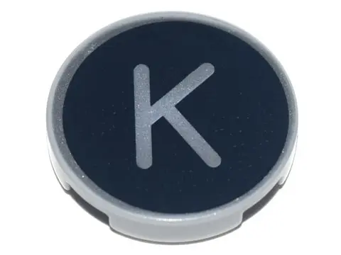 Light Bluish Gray Tile, Round 2 x 2 with Bottom Stud Holder with Silver Capital Letter K on Black Ba