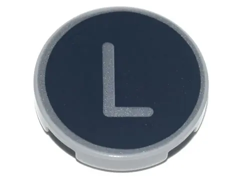 Light Bluish Gray Tile, Round 2 x 2 with Bottom Stud Holder with Silver Capital Letter L on Black Ba