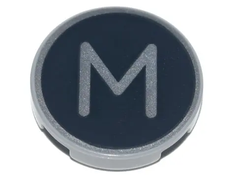 Light Bluish Gray Tile, Round 2 x 2 with Bottom Stud Holder with Silver Capital Letter M on Black Ba