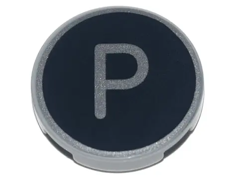 Light Bluish Gray Tile, Round 2 x 2 with Bottom Stud Holder with Silver Capital Letter P on Black Ba