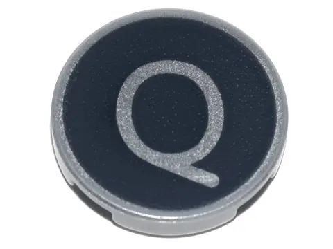 Light Bluish Gray Tile, Round 2 x 2 with Bottom Stud Holder with Silver Capital Letter Q on Black Ba