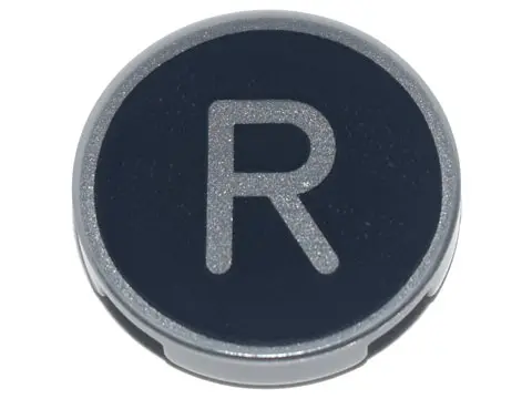 Light Bluish Gray Tile, Round 2 x 2 with Bottom Stud Holder with Silver Capital Letter R on Black Ba