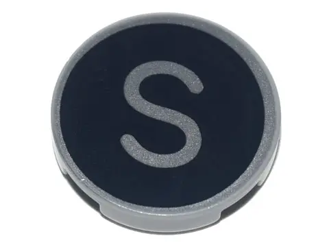Light Bluish Gray Tile, Round 2 x 2 with Bottom Stud Holder with Silver Capital Letter S on Black Ba