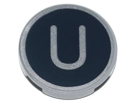 Light Bluish Gray Tile, Round 2 x 2 with Bottom Stud Holder with Silver Capital Letter U on Black Ba