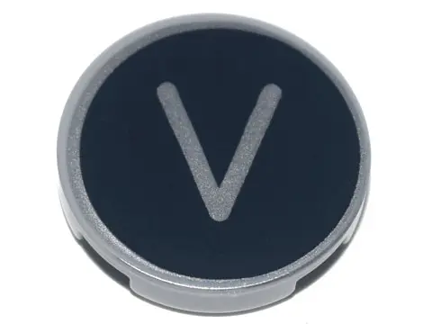 Light Bluish Gray Tile, Round 2 x 2 with Bottom Stud Holder with Silver Capital Letter V on Black Ba