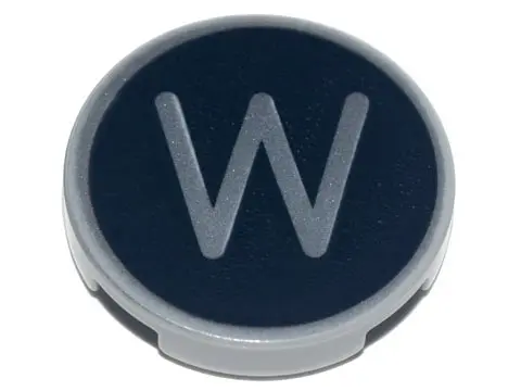 Light Bluish Gray Tile, Round 2 x 2 with Bottom Stud Holder with Silver Capital Letter W on Black Ba