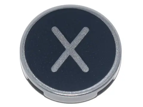 Light Bluish Gray Tile, Round 2 x 2 with Bottom Stud Holder with Silver Capital Letter X on Black Ba