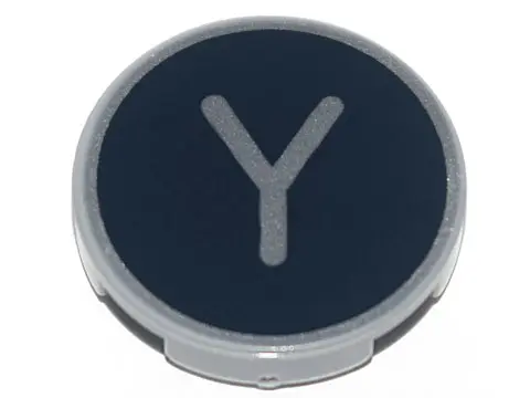 Light Bluish Gray Tile, Round 2 x 2 with Bottom Stud Holder with Silver Capital Letter Y on Black Ba