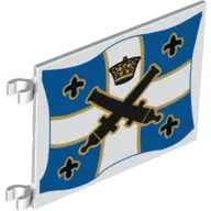 White Flag 6 x 5 with Black Crossed Cannons and Crown over Blue and White Cross with Yellow Outlines