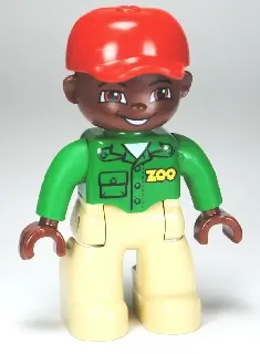 Duplo Figure Lego Ville, Male, Tan Legs, Green Top with 'ZOO' on Front and Back, Brown Head, Red Cap