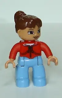 Duplo Figure Lego Ville, Female, Medium Blue Legs, Red Jacket with Black Zipper and Pockets, Reddish