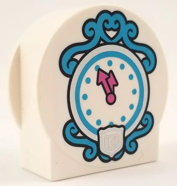White Duplo, Brick 1 x 2 x 2 Round Top, Cut Away Sides with Dark Azure and Silver Clock Face, Dark P