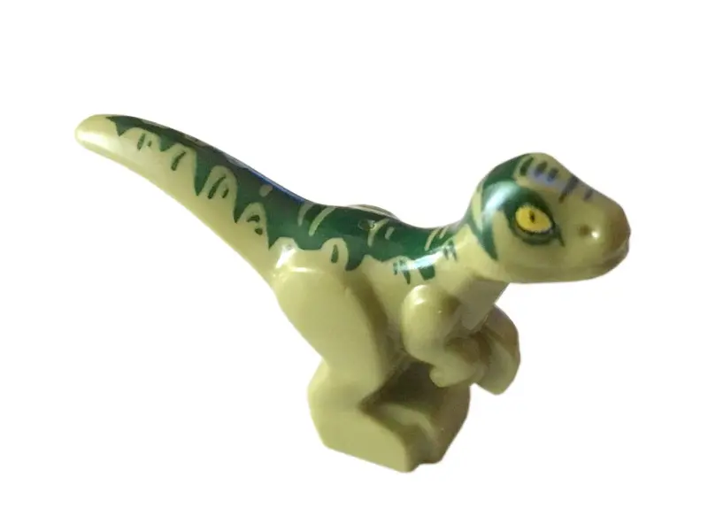 Olive Green Dinosaur Baby Standing with Dark Green Markings and Yellow Eyes Pattern (Jurassic World 