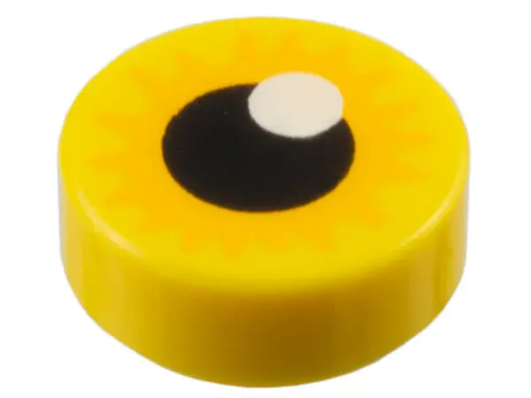 Yellow Tile, Round 1 x 1 with Eye with Bright Light Orange Starburst Iris and Black Pupil with White