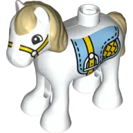White Duplo Horse Baby Foal Pony with Tan Mane and Tail, Bright Light Blue Saddle with Stirrups, Yel