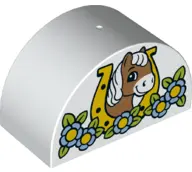 White Duplo, Brick 2 x 4 x 2 Slope Curved Double with Horse Head in Horseshoe and Flowers Pattern