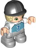 Duplo Figure Lego Ville, Child Boy, Light Bluish Gray Legs, Medium Azure Top with Number 7, Tan Hair