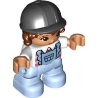 Duplo Figure Lego Ville, Child Girl, Bright Light Blue Legs with Overalls, White Top, Reddish Brown 