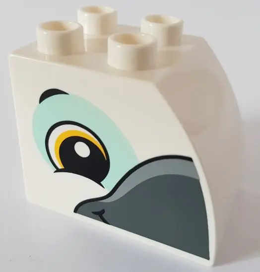 White Duplo, Brick 2 x 3 x 2 Slope Curved with Circled Black Eye with Yellow Highlight, Dark Bluish 