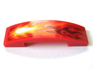 Red Slope, Curved 4 x 1 x 2/3 Double with White, Yellow, Orange, and Dark Red Flames Pattern