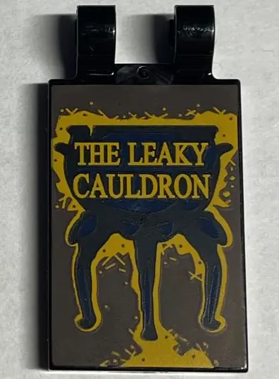 Black Tile, Modified 2 x 3 with 2 Open O Clips with Gold 'THE LEAKY CAULDRON' Sign Pattern