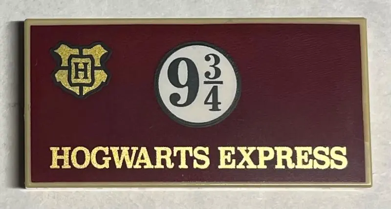 Tan Tile 2 x 4 with Gold 'HOGWARTS EXPRESS' and Crest, Black 9 3/4 in Circle on Dark Red Background 