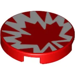 Red Tile, Round 2 x 2 with Bottom Stud Holder with Red and White Maple Leaf Pattern
