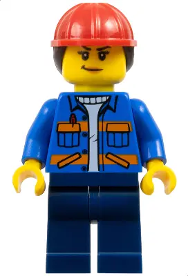 Construction Worker - Female, Blue Jacket with Diagonal Lower Pockets and Orange Stripes, Dark Blue 