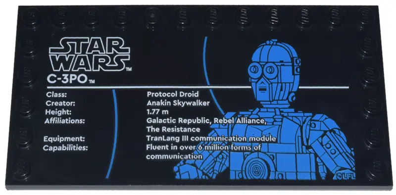 Black Tile, Modified 6 x 12 with Studs on Edges with Star Wars Logo and 'C-3PO' Pattern
