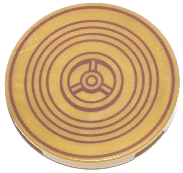Pearl Gold Tile, Round 3 x 3 with Reddish Brown Concentric Circles and Gear Pattern