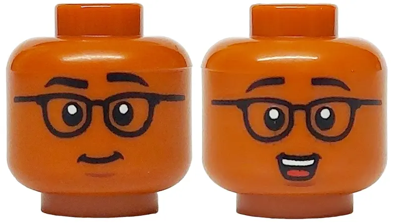 Dark Orange Minifigure, Head Dual Sided Black Eyebrows and Glasses, Reddish Brown Chin Dimple, Close