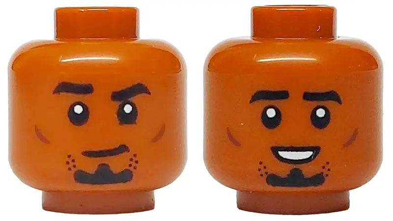 Dark Orange Minifigure, Head Dual Sided Black Eyebrows, Stubble and Goatee, Reddish Brown Cheek Line