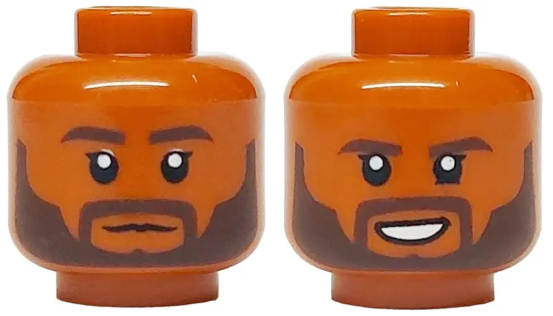 Dark Orange Minifigure, Head Dual Sided Dark Brown Eyebrows and Beard, Neutral / Open Mouth Scowl wi