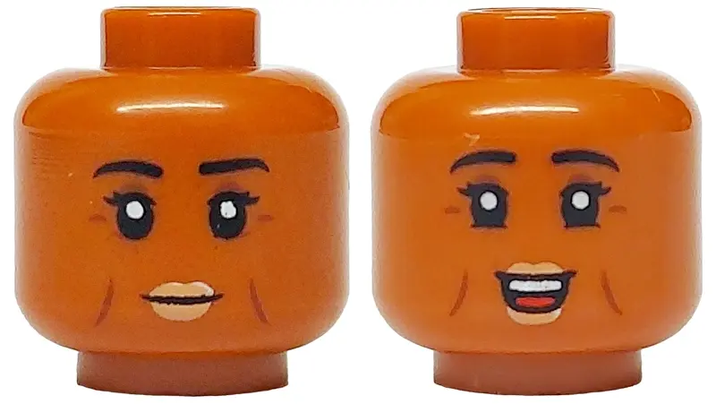 Dark Orange Minifigure, Head Dual Sided Female Black Eyebrows and Eyelashes, Nougat Lips, Reddish Br