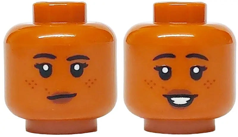 Dark Orange Minifigure, Head Dual Sided Female Black Eyebrows and Eyelashes, Reddish Brown Freckles,