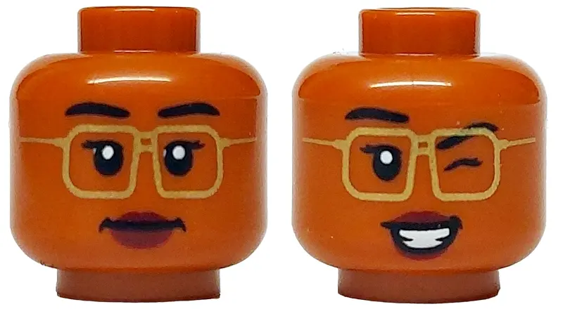 Dark Orange Minifigure, Head Dual Sided Female Black Eyebrows, Gold Glasses, Dark Red Lips, Closed M
