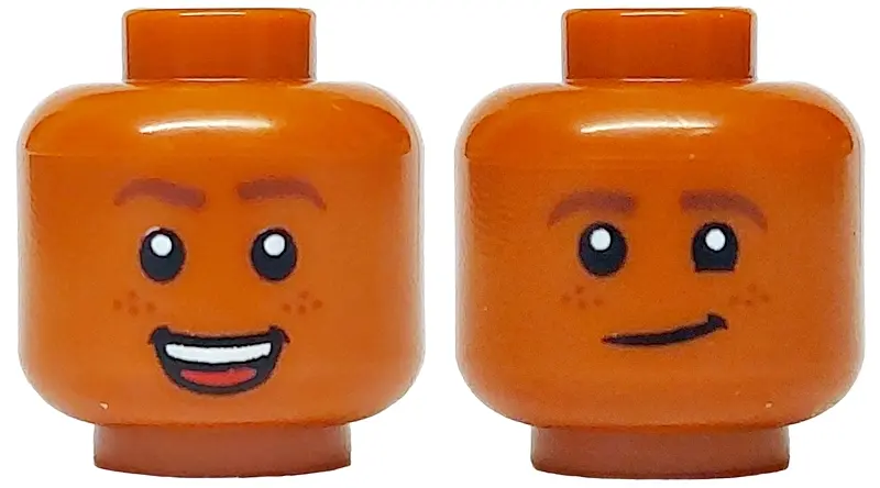 Dark Orange Minifigure, Head Dual Sided Reddish Brown Eyebrows and Freckles, Open Mouth Smile with T