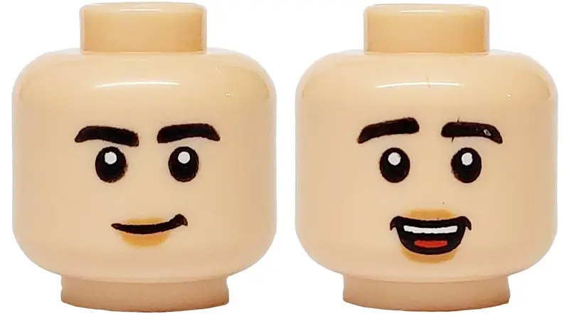 Light Nougat Minifigure, Head Dual Sided Black Eyebrows, Peach Lips, Grin / Raised Eyebrows, Open Mo