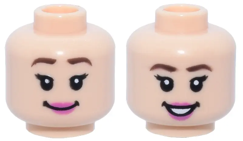 Light Nougat Minifigure, Head Dual Sided Female Dark Brown Eyebrows, Eyelashes, Dark Pink Lips, Grin