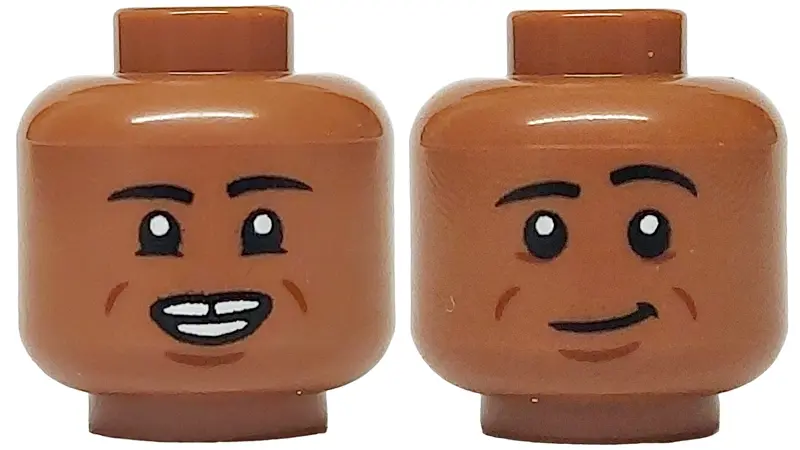 Medium Brown Minifigure, Head Dual Sided Black Eyebrows and Lower Eyelids, Reddish Brown Cheek Lines