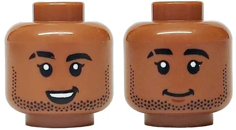 Medium Brown Minifigure, Head Dual Sided Black Eyebrows and Stubble, Scar on Right Eyebrow, Closed M
