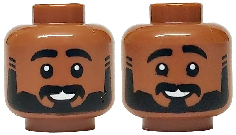 Medium Brown Minifigure, Head Dual Sided Black Eyebrows, Beard and Moustache, Open Mouth Smile with 