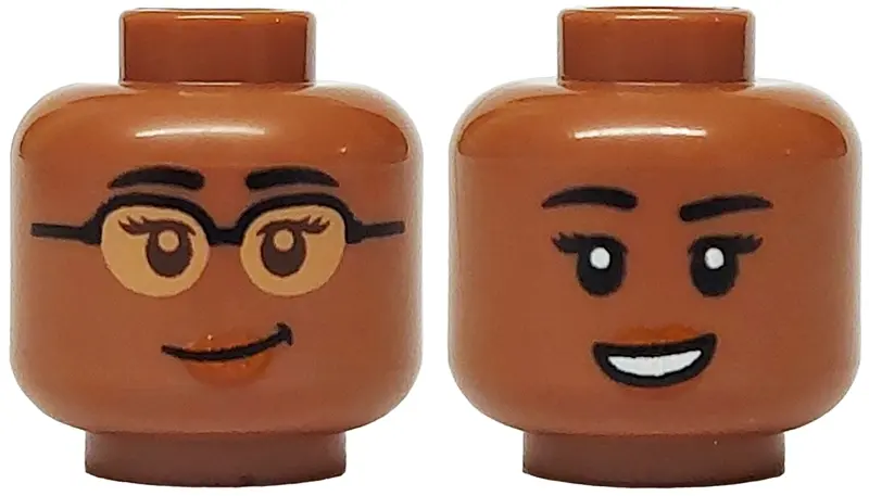 Medium Brown Minifigure, Head Dual Sided Female Black Eyebrows, Dark Brown Eyes and Eyelashes, Nouga